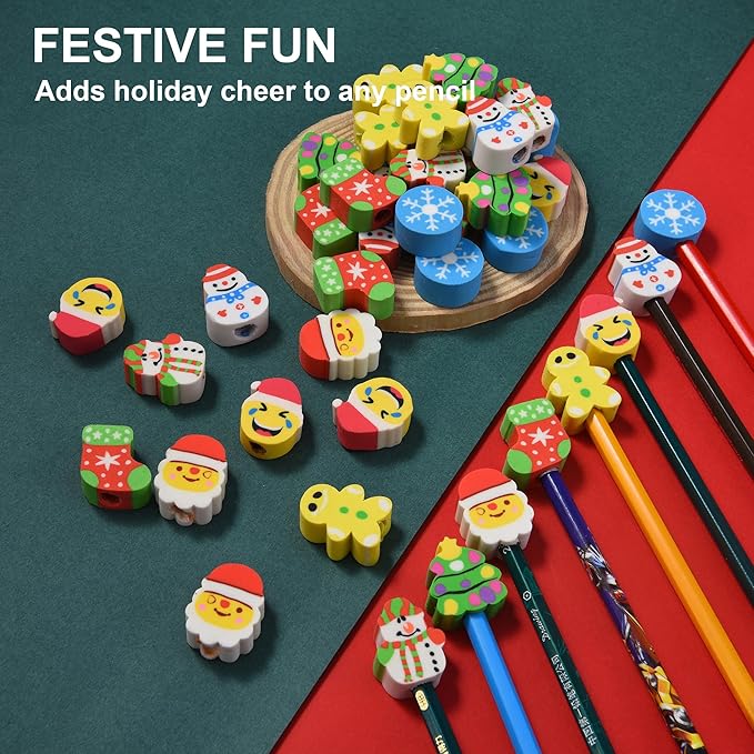 42 Pieces Christmas Pencil Top Erasers for Kids, Christmas Pencil Erasers Toppers Bulk, Cute Mini Cap Erasers for Holiday Party Favors Classroom Rewards Goodie Bags Stuffers Stocking Stuffers