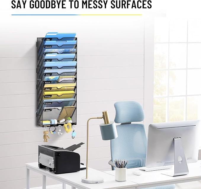 12-Tier Wall File Organizer with Hooks, Hanging File Organizer | Metal Mesh Mail Organizer, Wall Mounted File Organizer for Home, Classroom, Office Organization