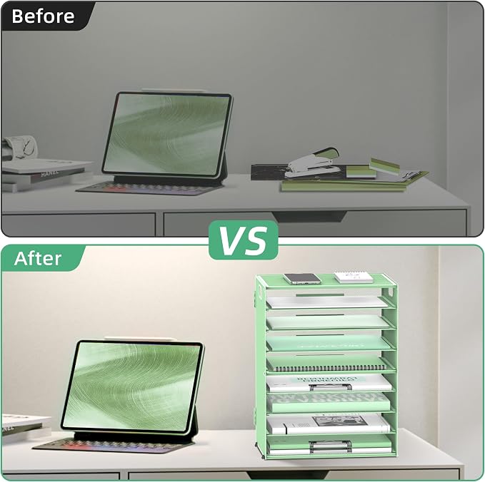 9-Tier Paper Organizer for Desk, Metal Letter Tray with Handles, Mint Green | Desk File Organizer with Removable Trays for Sorting Files, Folders, Mail and Printer Paper at Home, School or Office
