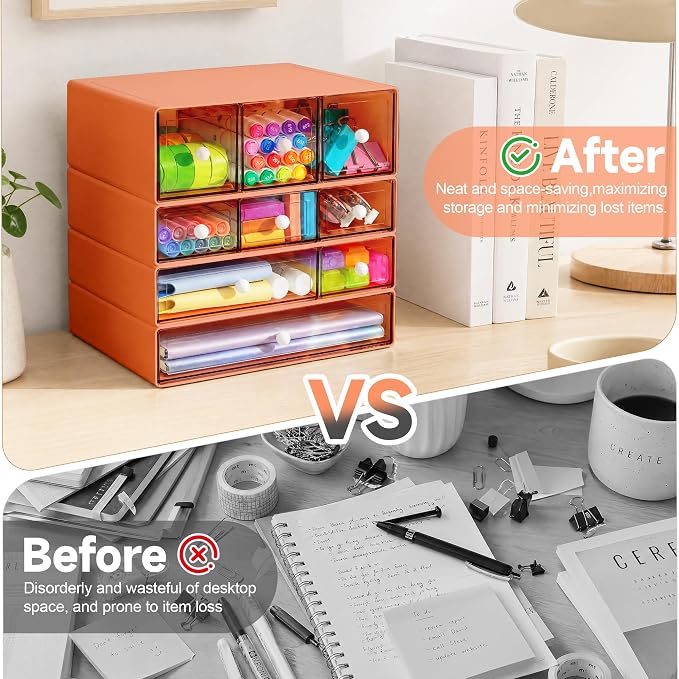 Desk Organizer with 9 Drawers, 4 Tiers Stackable Storage Drawers, Desktop Storage Box with Clear Drawers for Stationery, Makeup, Jewelry, Office and Craft Supplies (Orange)