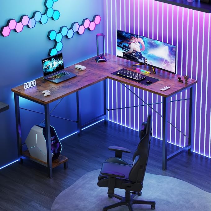DUMOS 50-Inch Reversible L Shaped Desk with CPU Shelf, Brown | Computer Desk with Sturdy Metal Frame, Corner Gaming Desk, Home Office Desk for Study, Writing and Work, Sturdy Modern Design