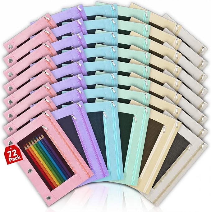 Lanpn 72 Pcs Pencil Pouch for 3 Ring Binder, 2 Pocket Zipper Binder Pouch Bulk, Pastel Binders Pencil Case, School Supplies for Boy Girl Student, Reinforced Grommets, Clear Window, Micro Mesh