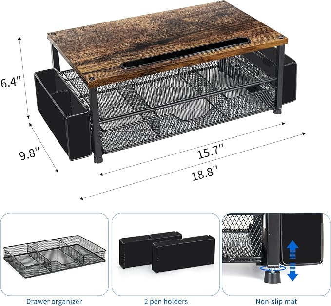AUPSEN Wood Desk Organizers and Accessories, 2-Tier Computer Monitor Stand Riser with Drawer, Pen Storage & Phone Holder, Office Desk Accessories, Workspace Desktop Organization for Office Supplies（Brown）