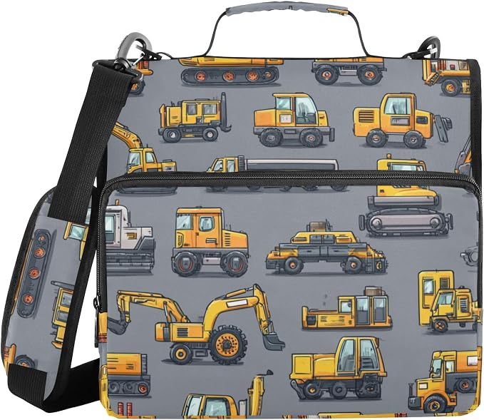 Fisyme Construction Excavator Trucks Zipper Binder 3 Ring with Zipper and Shoulder Strap Large Capacity Multi-Pocket Binder Organizer