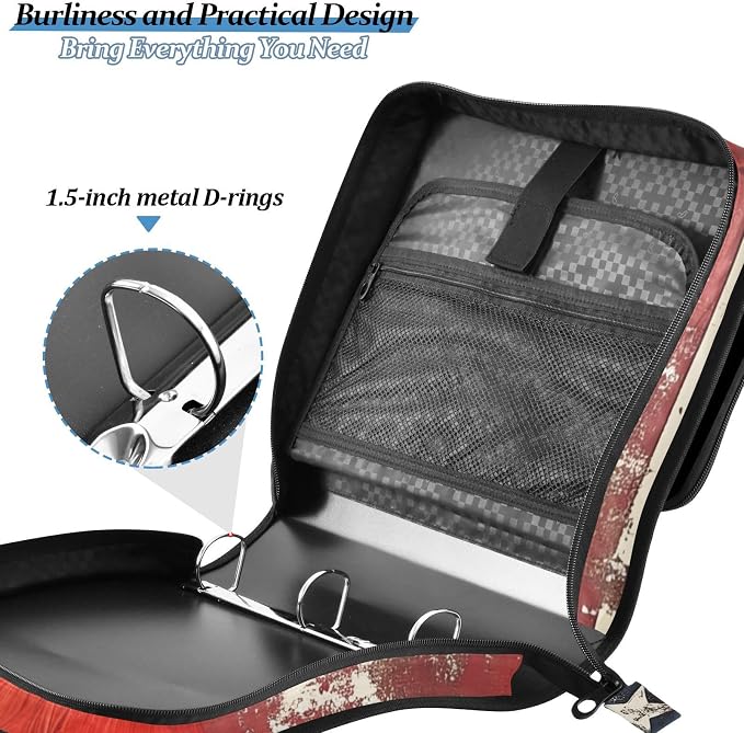 Cardinalbird American Flag Daisy Zipper Binder Bag 3 Ring Binder with Shoulder Strap Zip Up 500 Sheets Capacity Multi Pockets for School Office Supplies