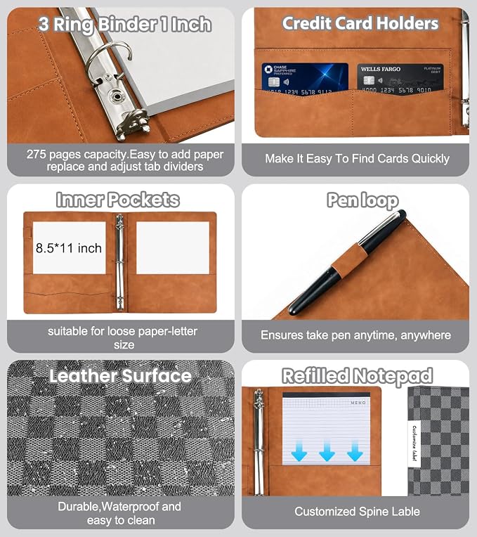 Grid Leather 3 Ring Binder 1 Inch, with Clipboard Notepad&5 Dividers with Pockets, Labels,PU Clipboards for School Office(Black,Letter Size)