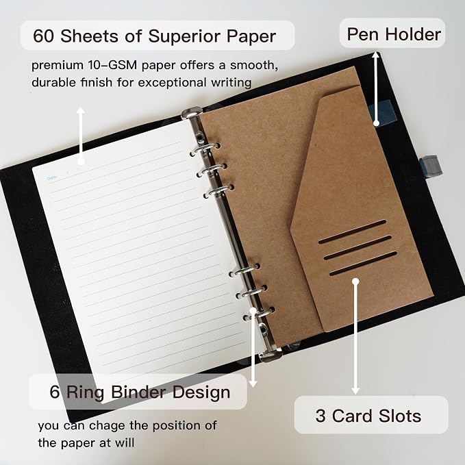 Refillable A5 Leather Binder Notebook, Reusable Leather Journal, Vintage Organizer with 6-Ring Metal Binder, 120 Pages Lined Paper & Pocket, for Writers Business Work Study College and Daily, Blue