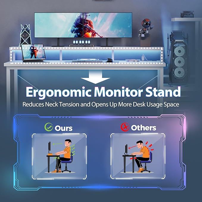 60 inch Gaming Desk with Drawers, Reversible Computer Desk, White | Gamer Desk with LED Lights, Power Outlets & Monitor Stand, Large Office Table for Home Bedroom Study Work Writing