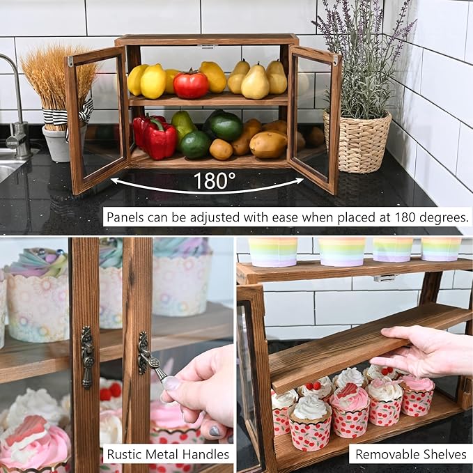 MOOCA Wood 4 Sides Glass Display Case with Double Doors, Adjustable Shelf | Brown wood-and-glass display case with double doors and adjustable 2-level storage for collectibles, jewelry, or pastries.