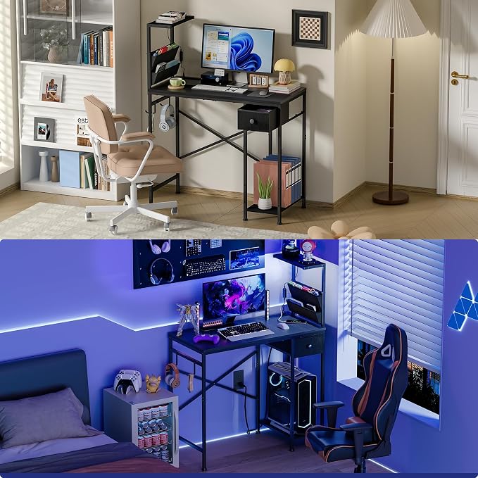 33.7 Inch Small Gaming Desk Table with LED Lights & Power Outlets, Compact L Shaped Gaming Computer Desk with CPU Stand, Drawer & Storage, Corner PC Desk for Kids, Home Office , Bedroom, Black