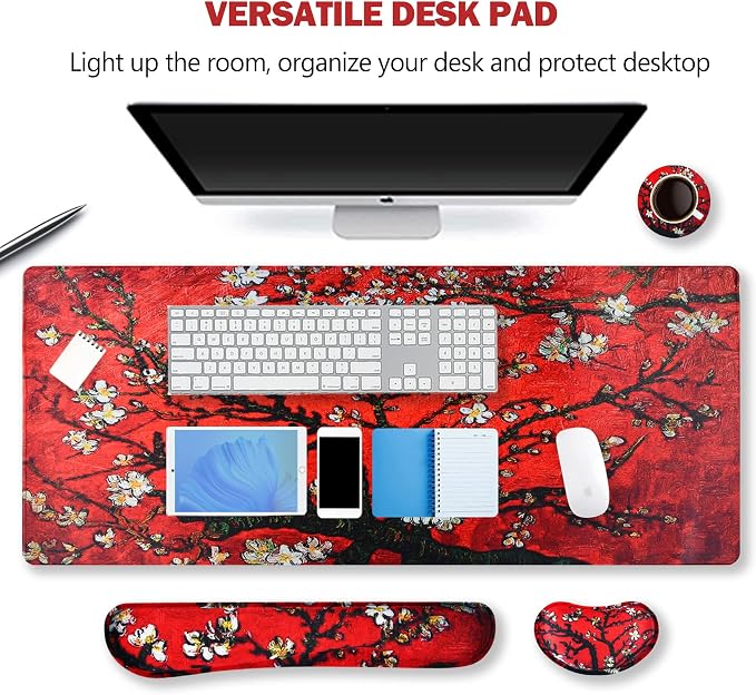 Large Gaming Mouse Pad, Keyboard Wrist Rest Pad & Wrist Support Mousepad Set, Stitched Edge, Extended, Non-Slip Base, Memory Foam Desk Mat 4pcs for Office & Home, Red Van Gogh Painting