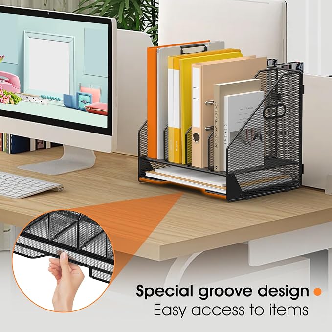 4 Vertical Mesh Desk Organizer with Paper Letter Tray, Black | Sorting racks with lower letter tray section. Multipurpose mesh desktop space saver for home office and school