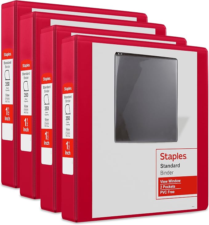 Staples 1 1/2" 3-Ring View Binders, D-Ring, Red, 4/Pack