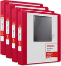Staples 1 1/2" 3-Ring View Binders, D-Ring, Red, 4/Pack