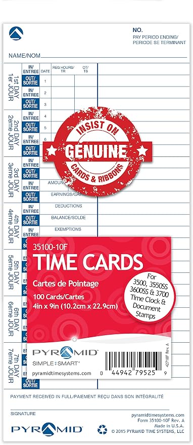 Pyramid Time Systems - French Weekly Time Cards (35100-10FMB) - 1,000 Cards