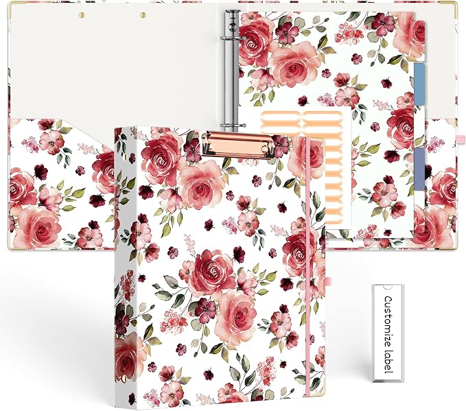EYROZILL 3 Ring Binder 1 Inch for Letter-Size 8.5" x 11" Paper with 5-Tab Dividers, Cute Three Ring Binder Folders with Profile Clipboard for Women School Office Supplies, Rose