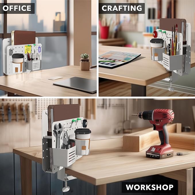 Mount-It! Desk Pegboard Organizer, 360 Rotation, White | Clamp-on desk storage with cup holder, pen holder, hooks & magnets for home office, workshop & crafting stations.
