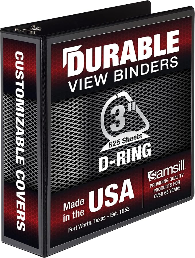 Samsill Durable 3 inch 3 Ring Binder, D Ring Binder, 100% Recycled Chipboard, Black, Pallet of 288 Binders in 24 Cartons