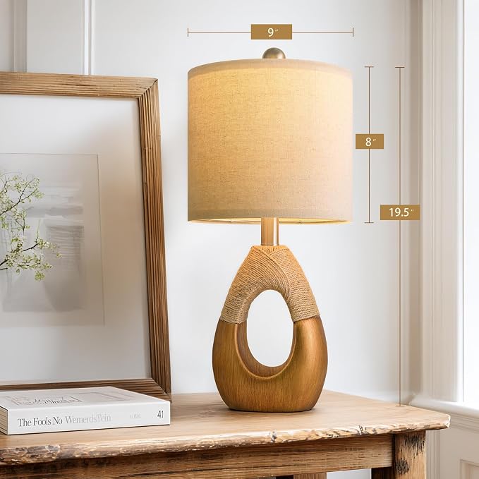 19" Table Lamps Set of 2, Boho Lamps for Living Room, Rustic Bedside Lamps for Bedroom, Farmhouse Rattan Table Lamp, Small Space Nightstand Lamp for Home Office (Bulb Not Included, Gold)