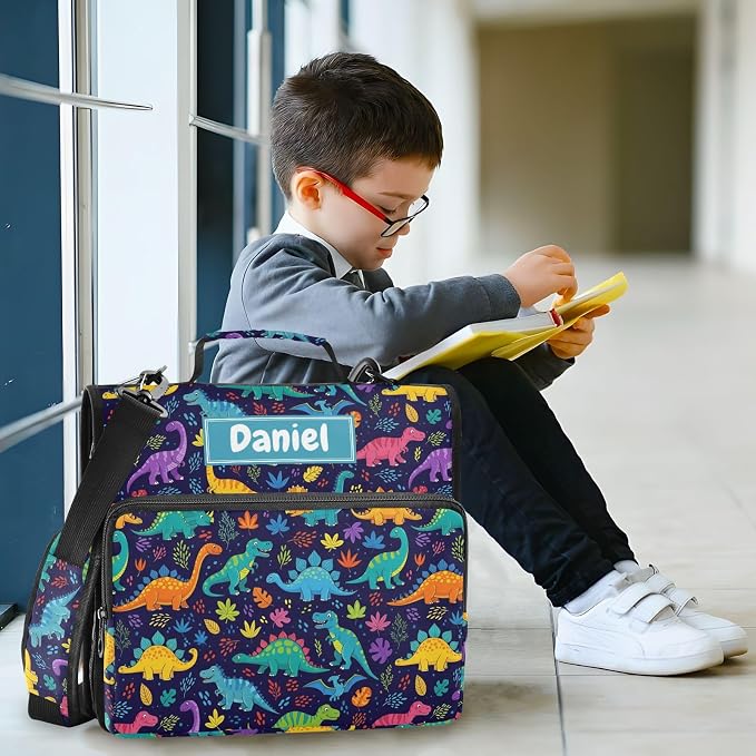 Custom Dinosaurs Leaves Black Print 3 Ring Zipper Binder with Shoulder Strap & Handle 1.5 Inch D-Ring Zippered Bag with Multiple Pocket, Personalized Binder Organizer for School or Office