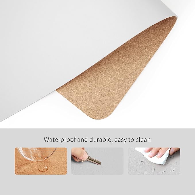 RENMTURE Dual-Sided Mouse Pad, Natural Cork & PU Leather Large Desk Pad for Office and Home Work, Desk Protector Non-Slip, Waterproof, Easy Clean (White, 23.6" x 13.7")