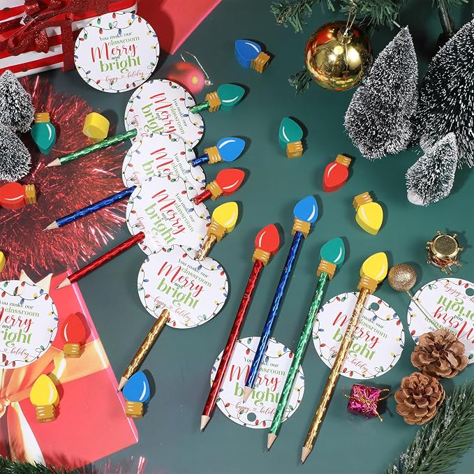 Geyoga Christmas Pencils Erasers Gifts Set with Bulb Eraser Topper, 100 Set