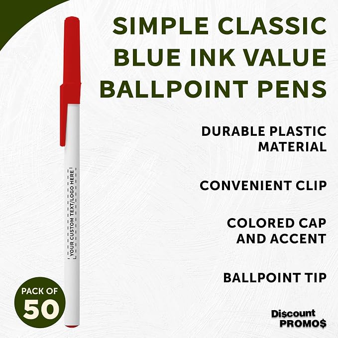 DISCOUNT PROMOS Custom Value Stick Pens Set of 50, Personalized Bulk Pack - Blue Ink, Great for Office, School, Business, Tradeshows, Events - Red Cap
