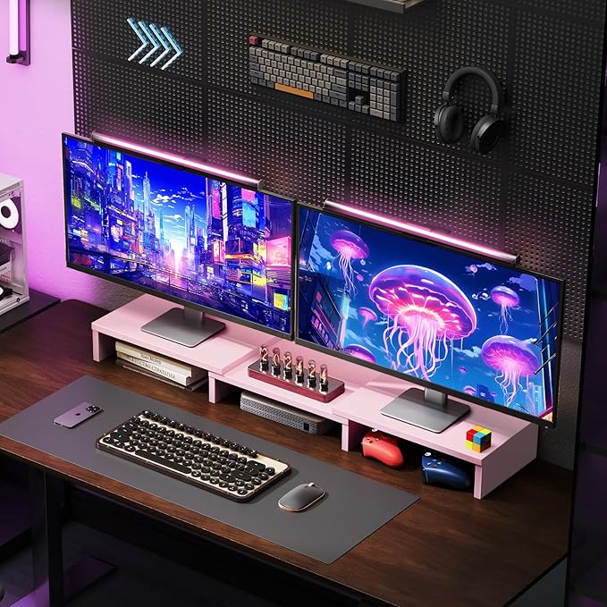 TAVR Dual Monitor Stand Riser, Wooden Computer Monitor Stand for 2 Monitors | Extra Long Multifunctional Desktop Organizer Riser for TV, PC Monitor, Laptop, Printer, Max 43.3" Length, Pink