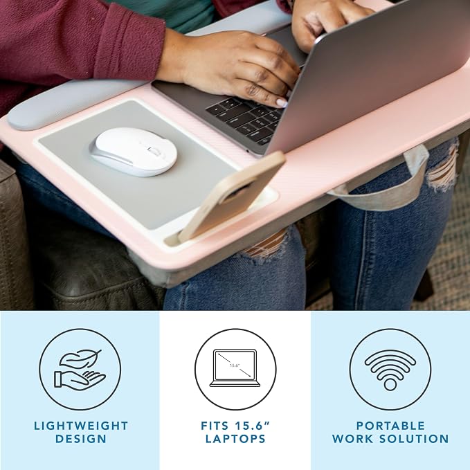 LAPGEAR Home Office Pro Lap Desk – Pink, Fits 15.6” Laptops