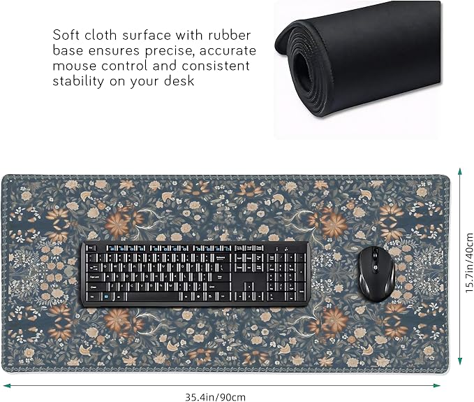 Floral Aesthetic Wildflower Gaming Mouse Pad, Blue Pink Rug Desk Mat with Anti-Slip Base & Stitched Edges, Office & Home Desk Decor for Women, 35.4" x 15.7" in Computer Desktop Mat