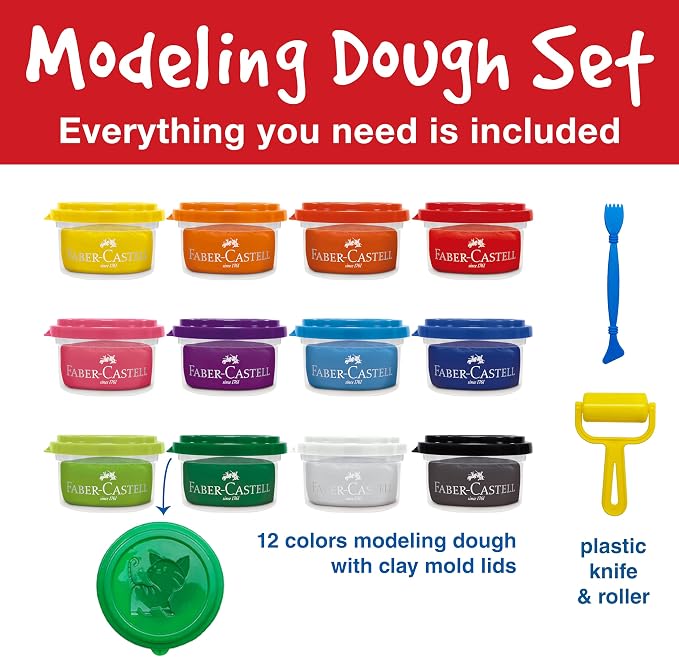 Faber-Castell Little Creatives Super Soft Modeling Dough - 12 Colors: Classic & Neon + Sculpting Tools, Learn & Play Non Toxic Playdough Kit for Toddlers, Preschool Ages 3+