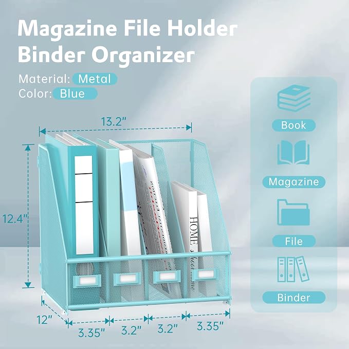4-Compartment Magazine File Holder and File Organizer for Desk, Blue | Metal Magazine Holder and Magazine File Holder, 4-Compartment File Organizer for Binders Folders Magazines and Paper