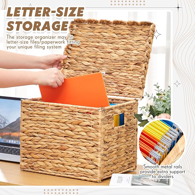 Jingmore 2 Pack Water Hyacinth File Storage Box with Scalloped Lid Collapsible Letter Size Hanging Filing Organizer Basket for Home, Woven Decorative Document Storage Box
