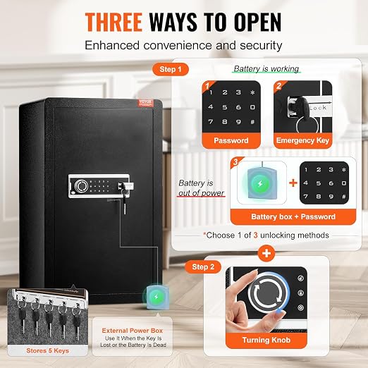 VEVOR Single Door 4.0 cu.ft Safe Box with Key Lock & Password, Safe Lock Box with Fireproof Bag, Key Rack, LED Light, 2 Shelves, and 1 Cabinet for Money, Documents, Jewelry, and Valuables, Black