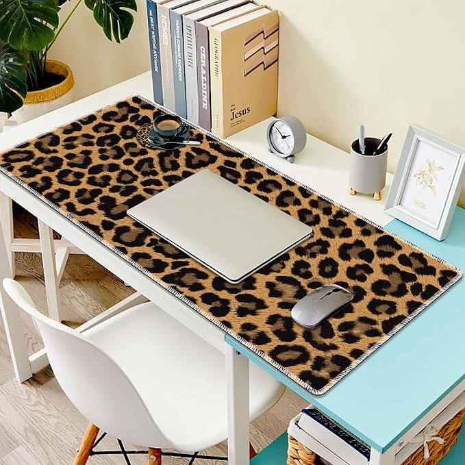 Personality Pattern Large Protective Desk Mat, Smooth Surface Soft Mousepad, Waterproof Non-Slip, 31.5 x 11.8 in Sewn Edge Office/Home, Leopard Print