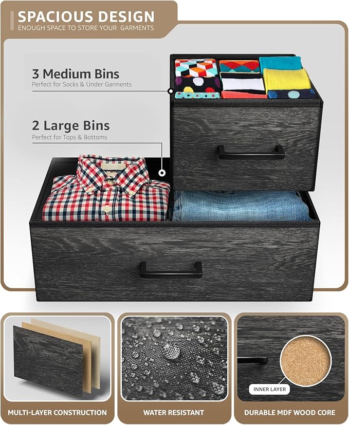Sorbus Dresser with 5 Faux Wood Drawers - Wide Storage Unit Chest Organizer for Clothes - Bedroom, Living Room, Closet, & Dorm TV Stand Furniture - Steel Frame, Wood Top, & Easy Pull Fabric Bins