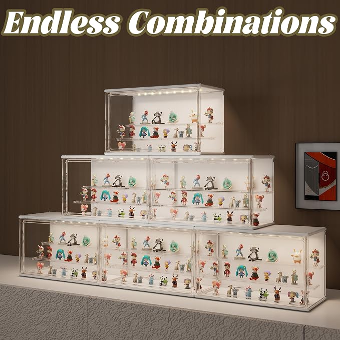 Clear Display Case for Collectibles, 3-Tier Adjustable Figure Display Case with LED Light, Stackable Acrylic Showcase with Magnetic Door for Jewelry,Collectibles (White, 2 Pack-17.4" H)