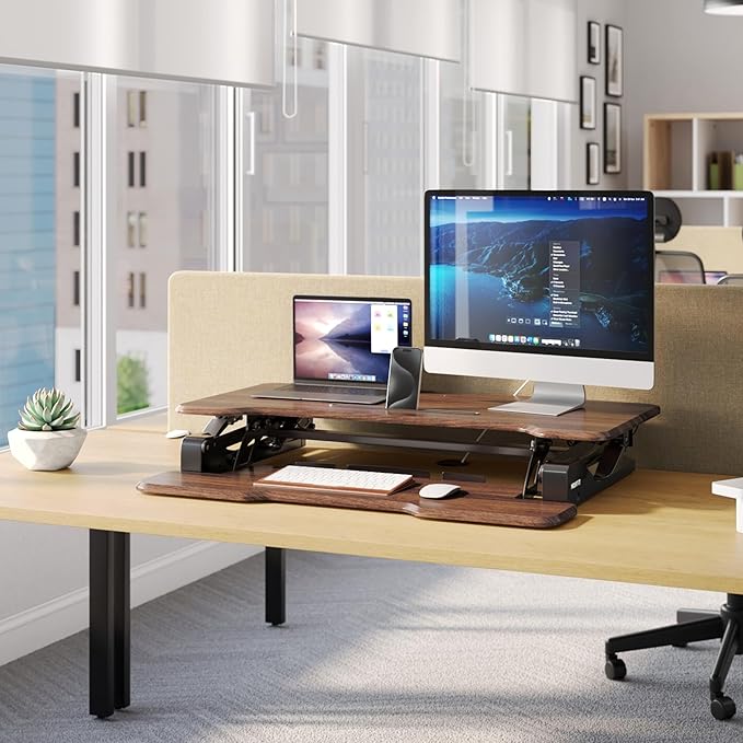 Mount-It! 38 Inch Standing Desk Converter, Sit Stand Desk Riser for Dual Monitors with Keyboard Tray, Height Adjustable Desktop Workstation, Easy Lift Gas Spring, Rustic Walnut Brown