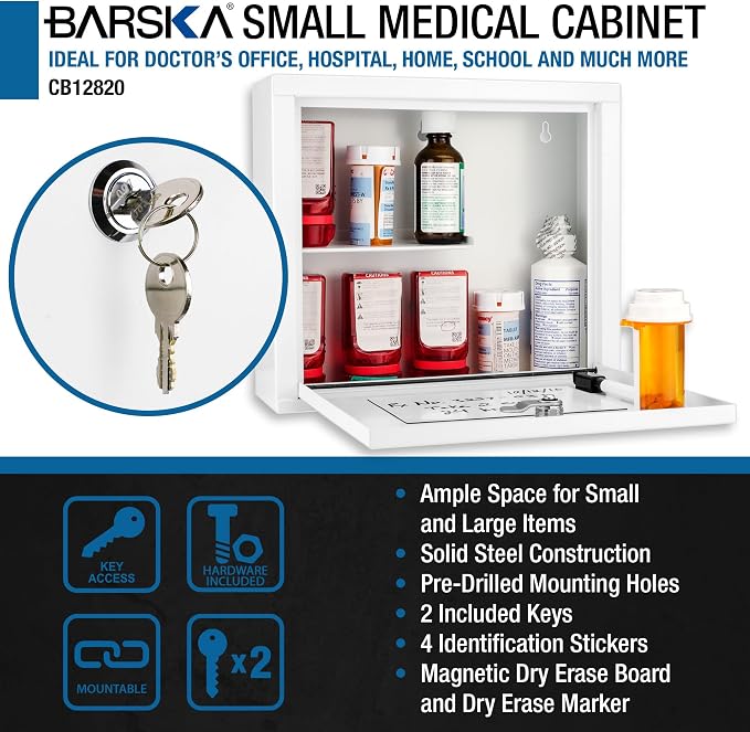 Barska Wall Mount Medical Security Cabinet – Compact Locking Medicine Box with Key Lock, Magnetic Erase Pad, Shelf & Pre-Drilled Mounting Holes - Medicine cabinet organizer - Medicine Storage Glass