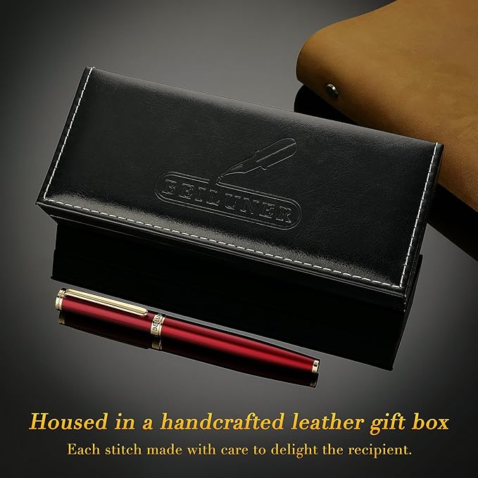BEILUNER Red Fountain Pen,Stunning Luxury Pens with 24K Gold Finish, Gorgeous 24K Gilded Nib(Medium), Fancy Pen Gift for Men&Women -Ink Converter-Elegant,Professional,Office,Nice Pen for Writing