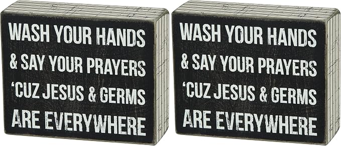 Primitives by Kathy Pinstripe Trimmed Jesus & Germs Wooden Religious Sign, 4" x 5", Vintage, Black, Rectangular, Freestanding or Wall Mount