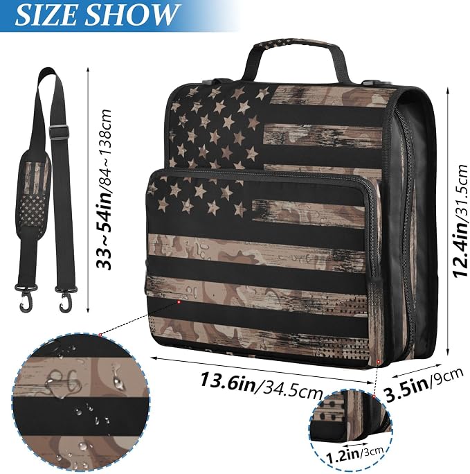 Fisyme American Flag Camouflage Zipper Binder 3 Ring with Zipper and Shoulder Strap Large Capacity Multi-Pocket Binder Organizer