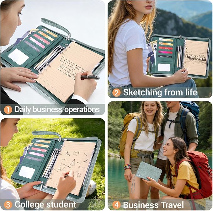 A5 Binder 6 Ring with Zipper, Portable Planner for Travel & Study | Faux leather A5 planner with detachable 6 rings, lined pages, pouches, card slots and pen holder for daily use.