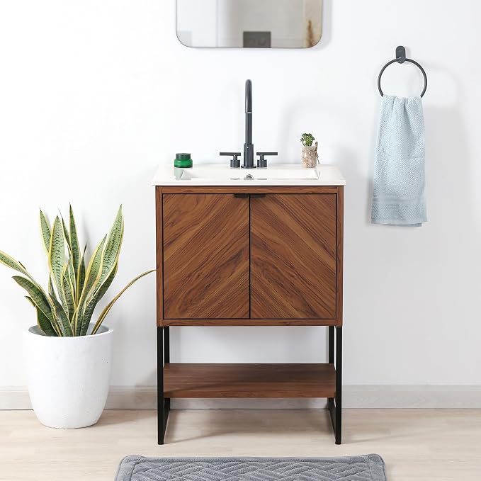 JONATHAN Y Juhl 23.5" Chevron Freestanding Bathroom Vanity Cabinet, Walnut | Modern Minimalist Design, 18" Deep 33" Tall, 2 Soft-Close Doors, Interior And Open Shelves, Sink Not Included