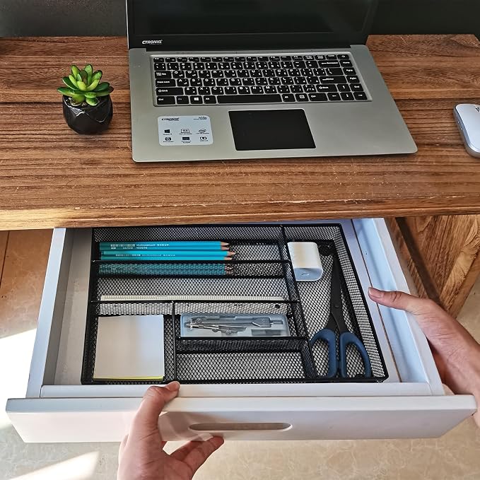 2-Pack Metal Mesh Desk Drawer Organizer Tray Set, 6-Compartment Office Drawer Organizer for Pens Supplies, 12.6"x8.27"x1.57" Black