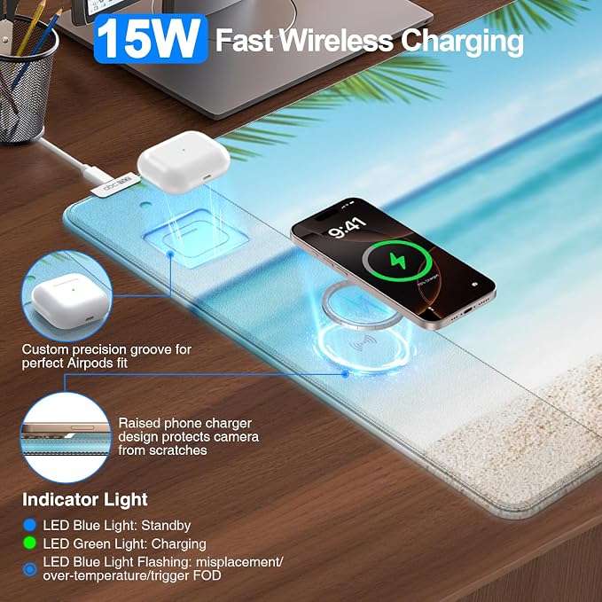 Wireless Charging Mouse Pad, 31.5"x15.8", with 20W PD Adapter, Summer Beach | Desk Writing Pad for Home Office Gaming, Waterproof Ultra-Smooth Surface, Non-Slip Base