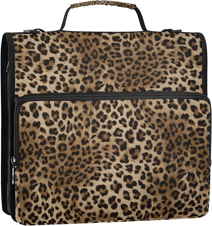 Fisyme Leopard Print Zipper Binder 3 Ring with Zipper and Shoulder Strap Large Capacity Multi-Pocket Binder Organizer