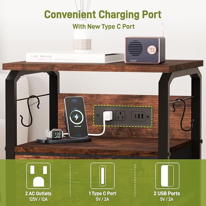 runjuly End Table with LED Light, Charging Station, and Hooks, Rustic Brown | 3 Fabric Drawers Storage, Type C & USB Ports & Power Outlets, Industrial Wood, Small Nightstand for Living Room / Bedroom