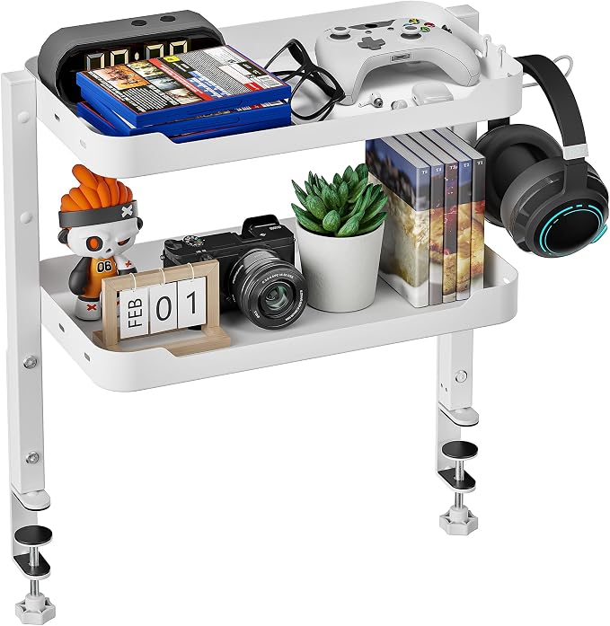 ARES WING 2-Tier 16 inch Clamp On Desk Shelf, Above or Under Desk Storage | Adjustable Desktop Organizer Shlef Holds 66 lbs Heavy Duty, with Headphone Holder for Working and Gaming Accessories, White