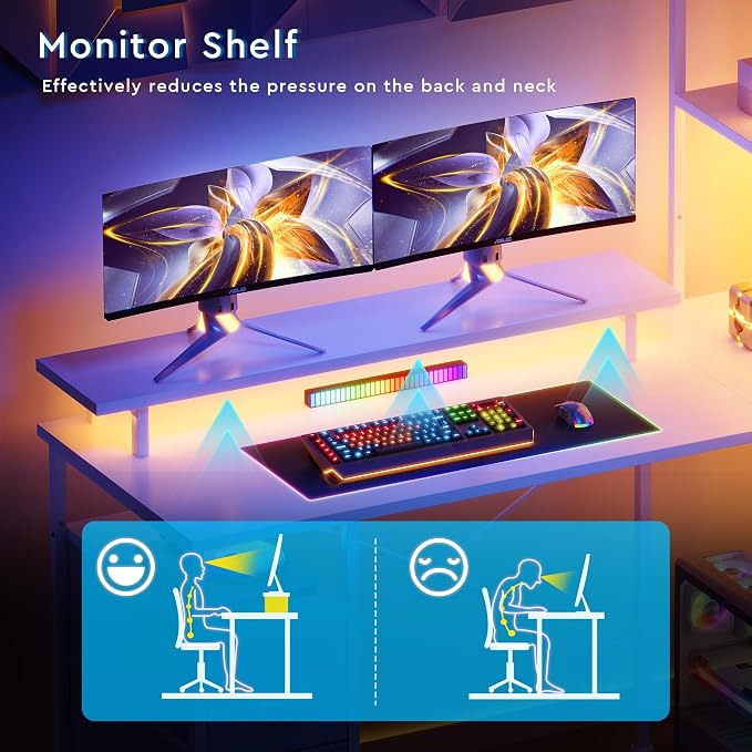 L Shaped Gaming Desk, Reversible with LED Lights, Shelves, White | Reversible, LED lights, Charging, Monitor stand